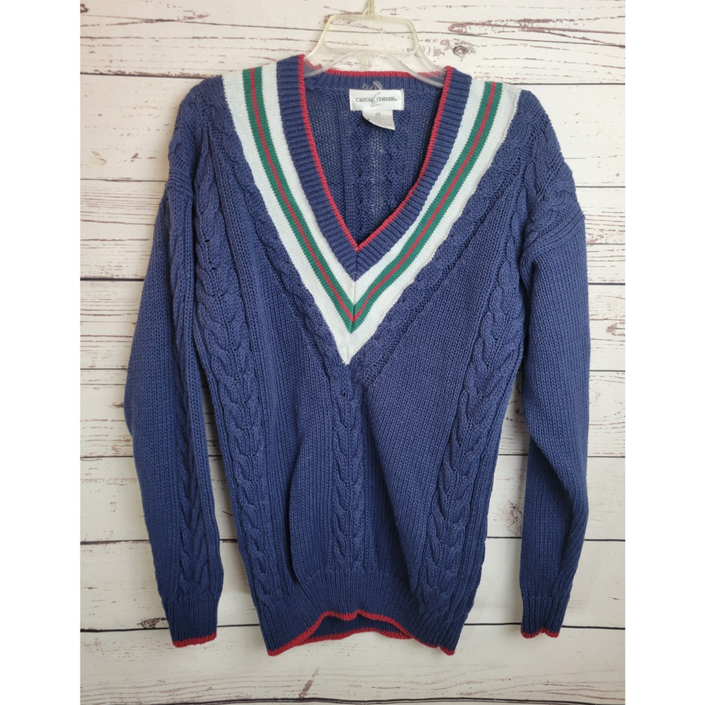Vtg Casual Corner Cable Knit Sweater Navy Blue Green V-Neck unisex Men M Women L